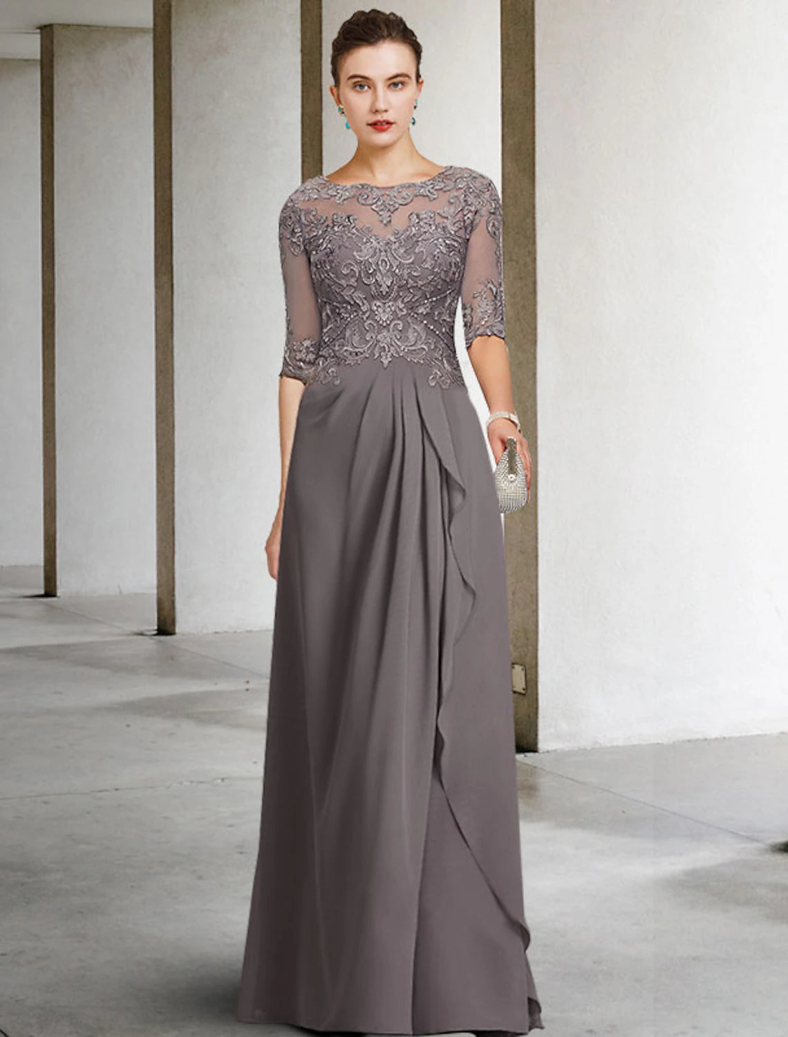 Wholesale  A-Line Mother of the Bride Dress Plus Size Elegant Jewel Neck Floor Length Chiffon Lace Half Sleeve with Pleats Beading Appliques
